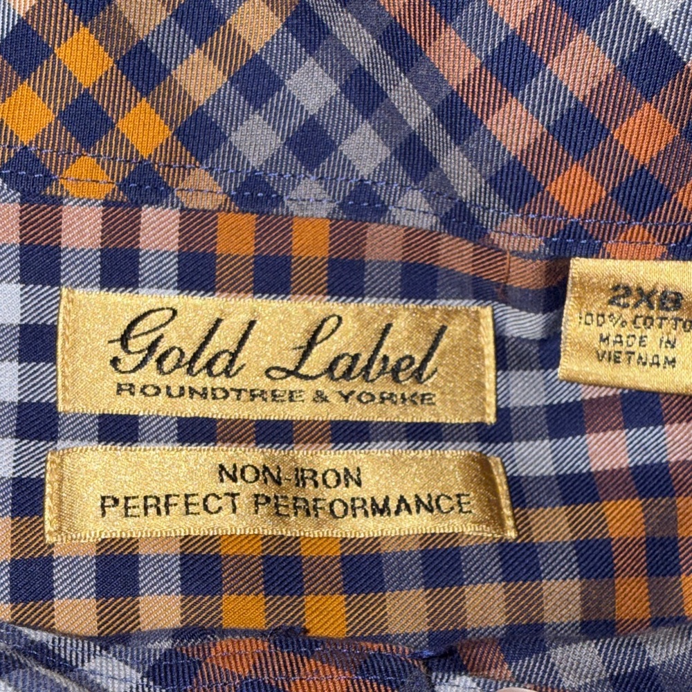 Roundtree & Yorke Men's Plaid Button-Down Shirt in Blue & Brown, Like New, 2XB - Picture 2 of 5
